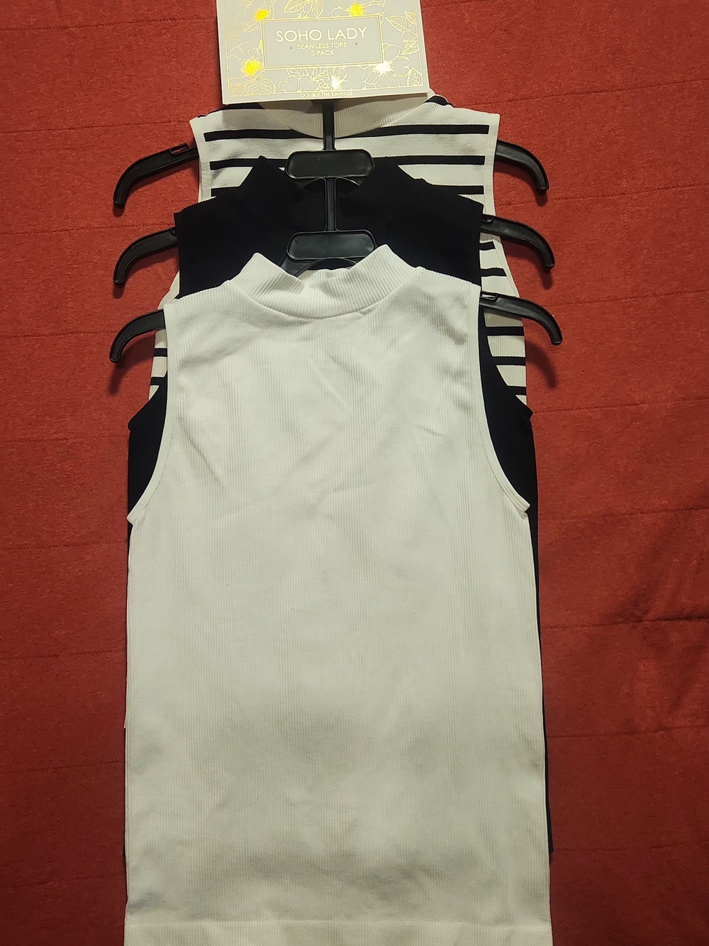 Soho Lady Ribbed Mock Neck Tank - White, Black, Striped (3-Pack)